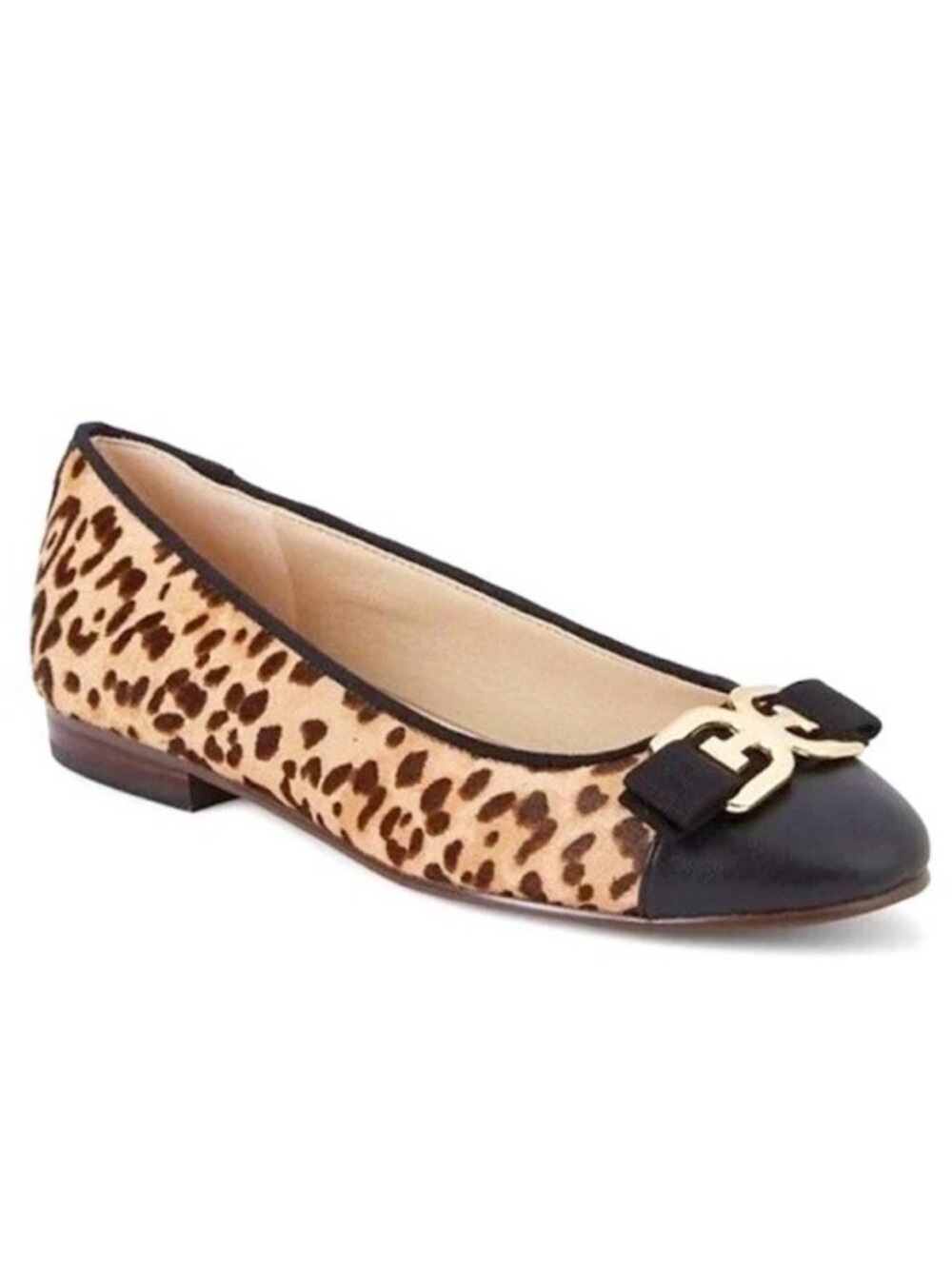 SAM EDELMAN Mage Leopard Cow Hair Leather Gold Metal Logo Flats 6.5